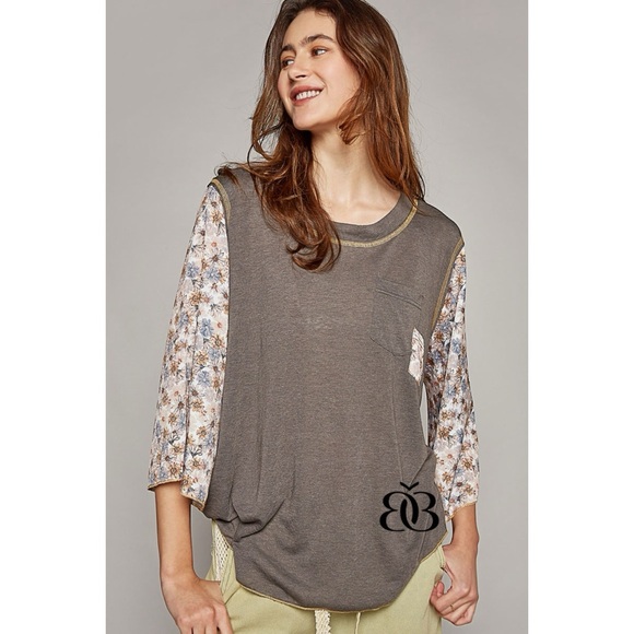 POL Charcoal Slub Knit Floral Sleeve Top - Picture 3 of 8